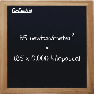Cara konversi newton/meter<sup>2</sup> ke kilopaskal (N/m<sup>2</sup> ke kPa): 85 newton/meter<sup>2</sup> (N/m<sup>2</sup>) setara dengan 85 dikalikan dengan 0.001 kilopaskal (kPa)